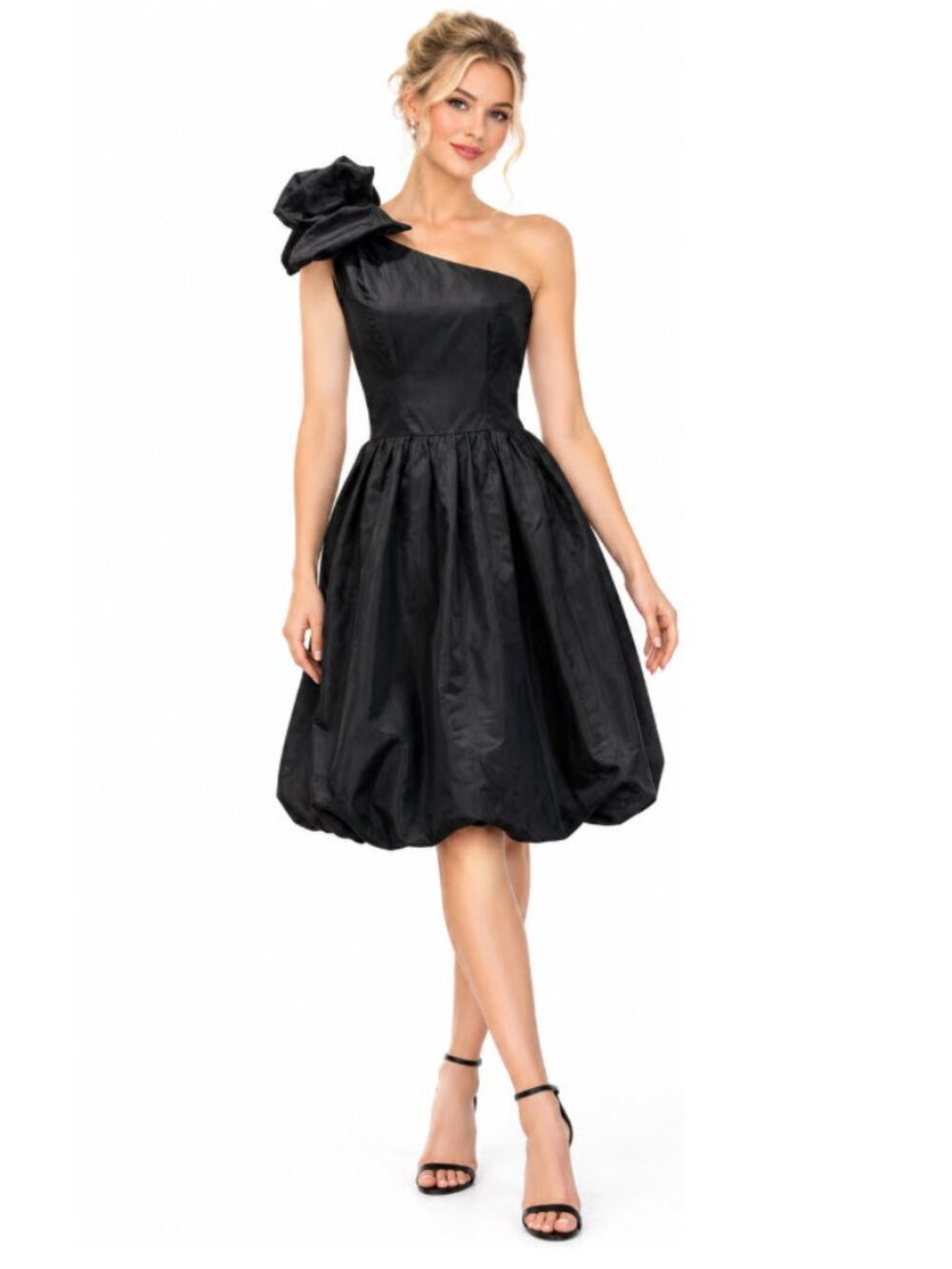 Taffeta Black One-Shoulder Dress Bow Size 5/6 Chic evening cocktail Prom wedding